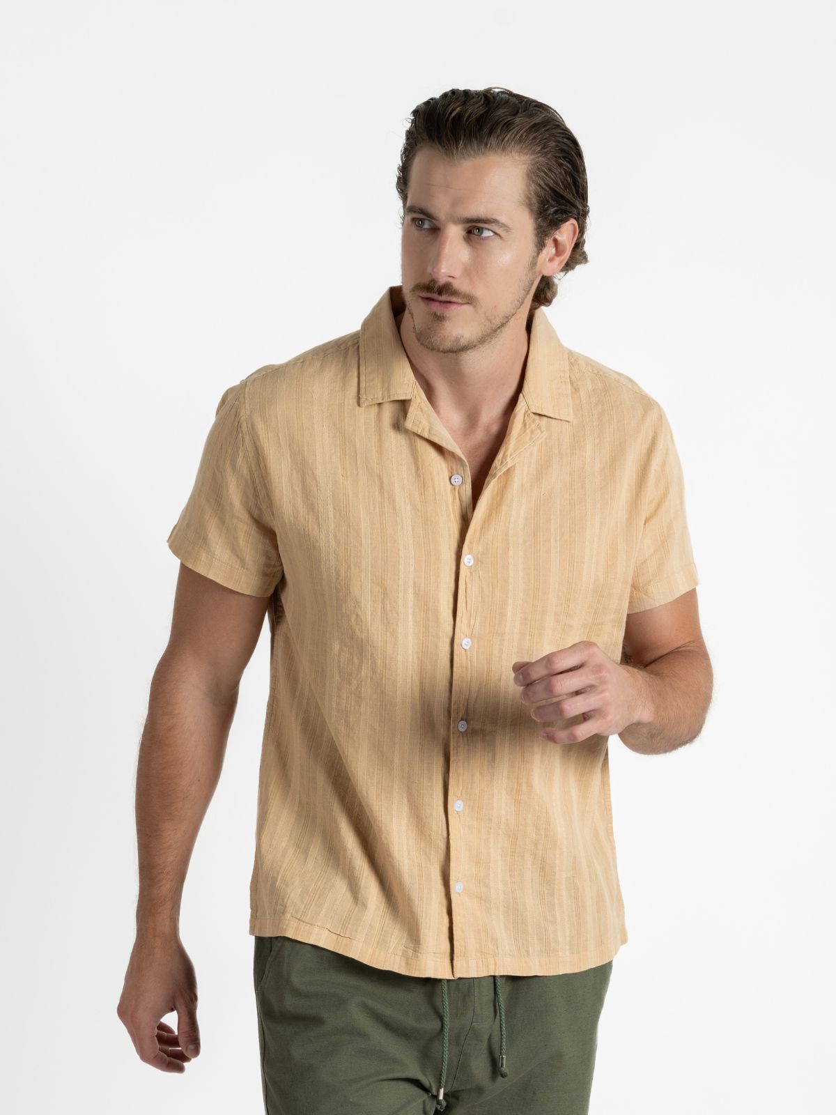 Camisa para Hombre - Camisa Manga Corta Fancy Dobby Beige