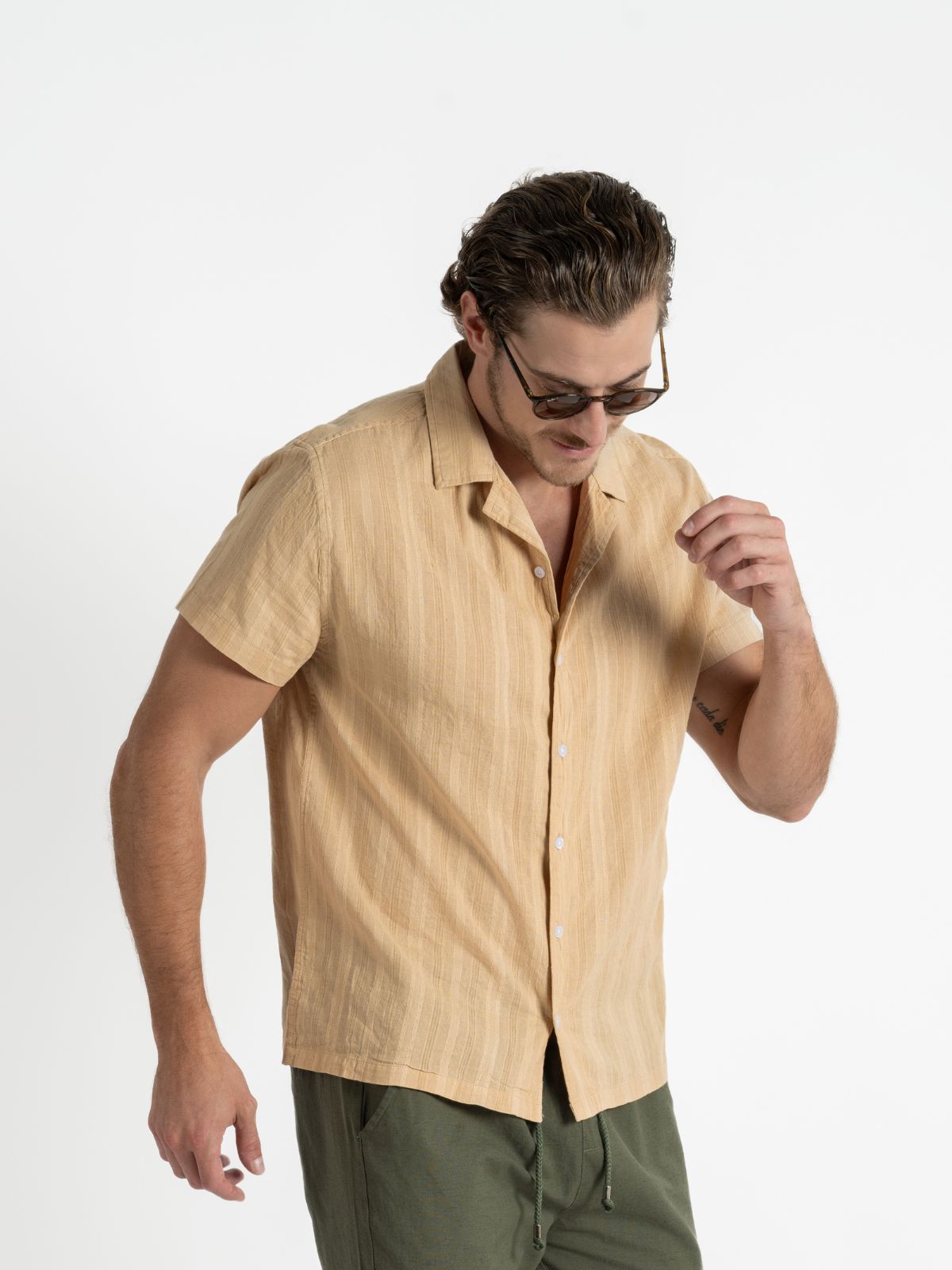 Camisa para Hombre - Camisa Manga Corta Fancy Dobby Beige