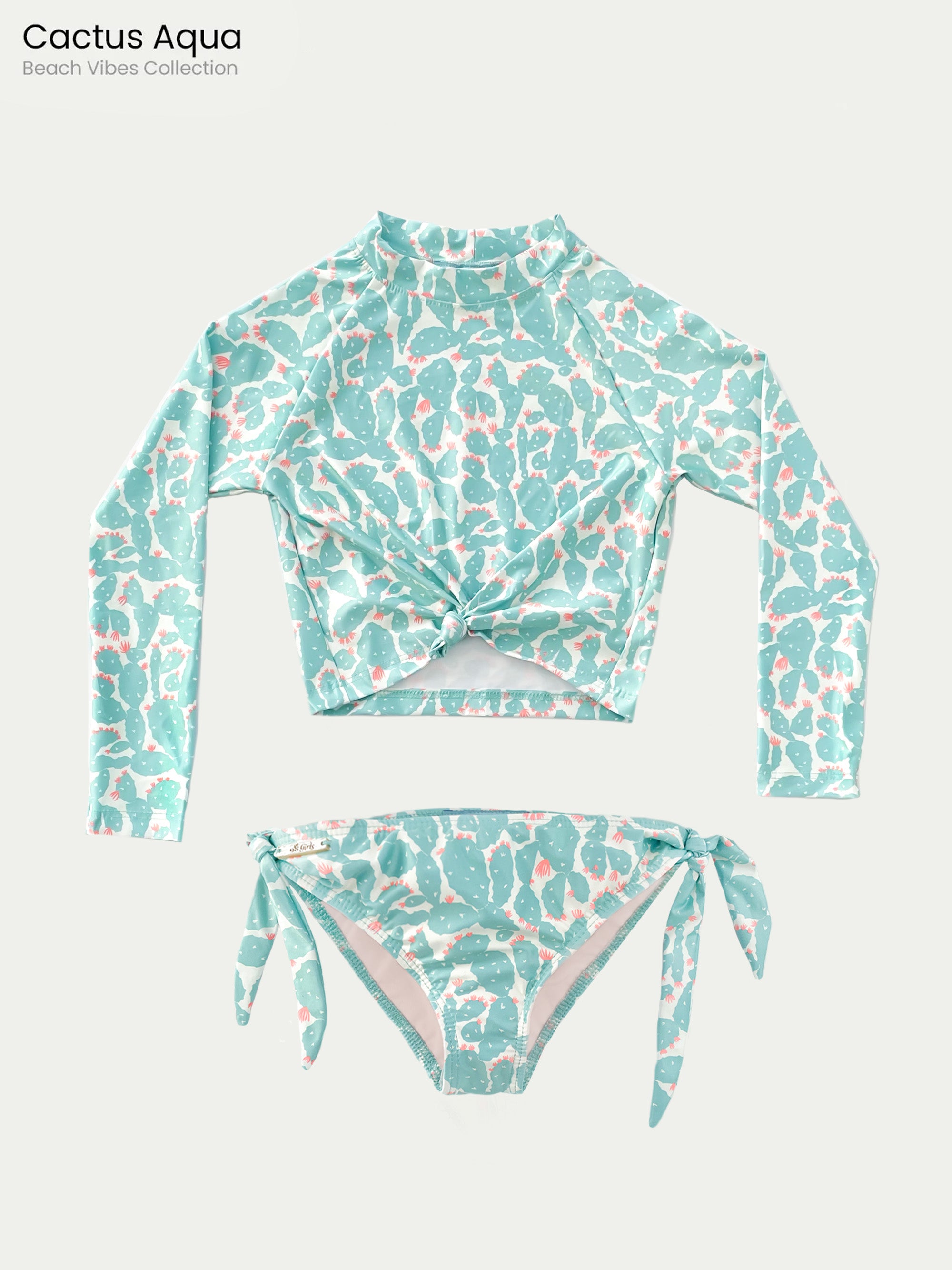 Traje de Baño Niña Bikini Secado Rápido - Cactus Aqua con Mangas - Beach Vibes Collection 6 Meses a 14 Años