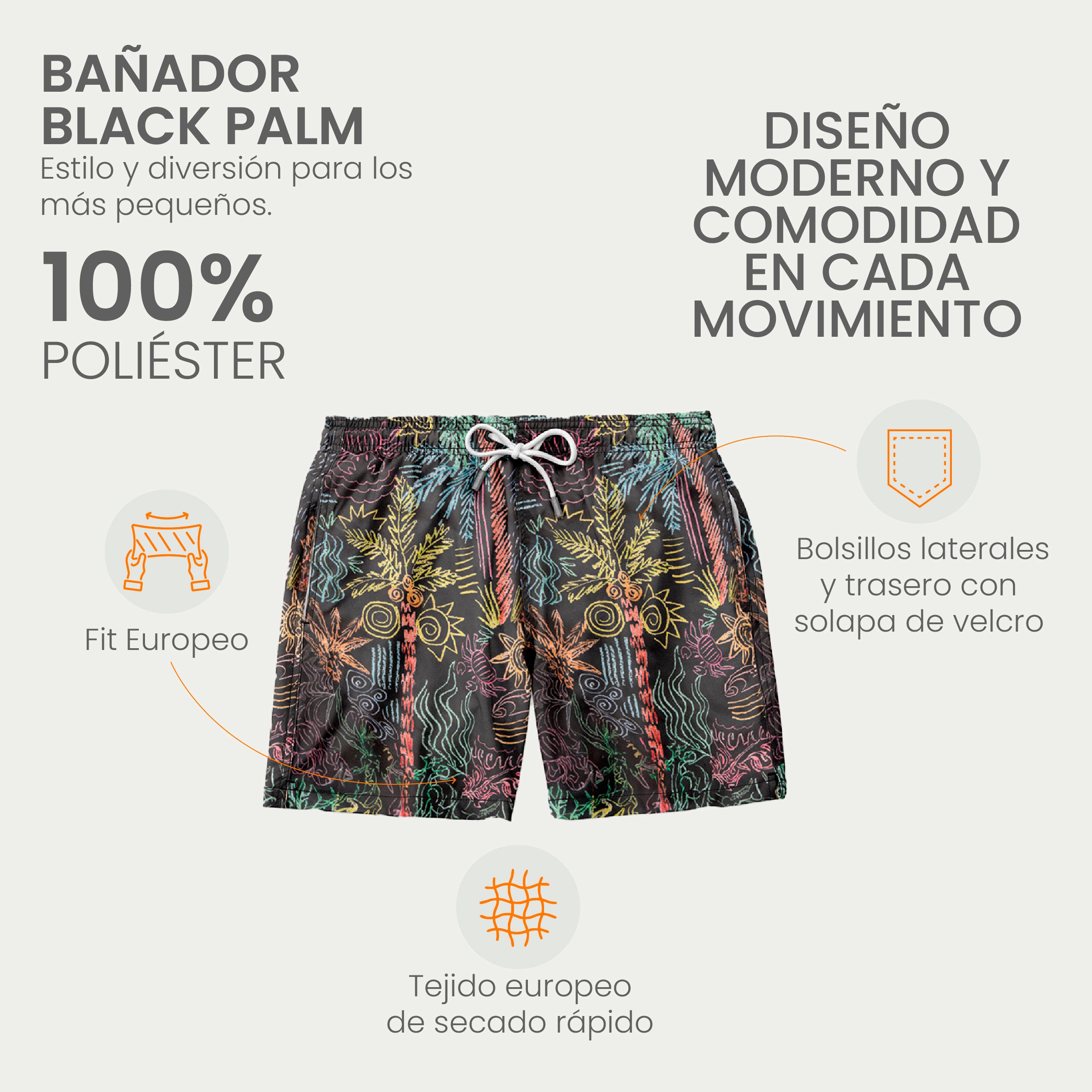 Traje de Baño para Niño Secado Rápido - Bañador Navy Palm - Essential Collection de 1 a 12 años