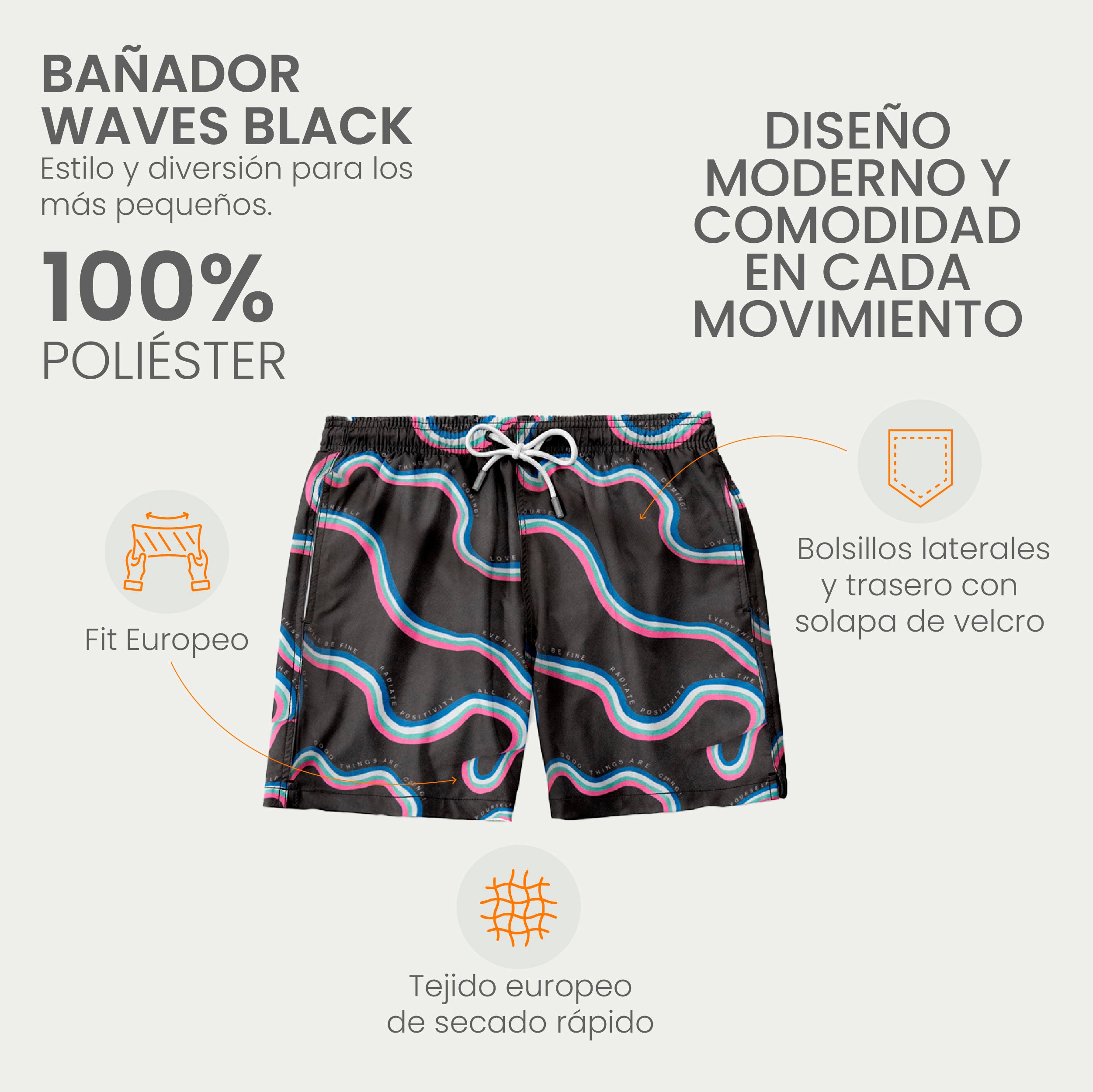 Traje de Baño para Niño Secado Rápido - Bañador Waves Black - Essential Collection de 1 a 12 años