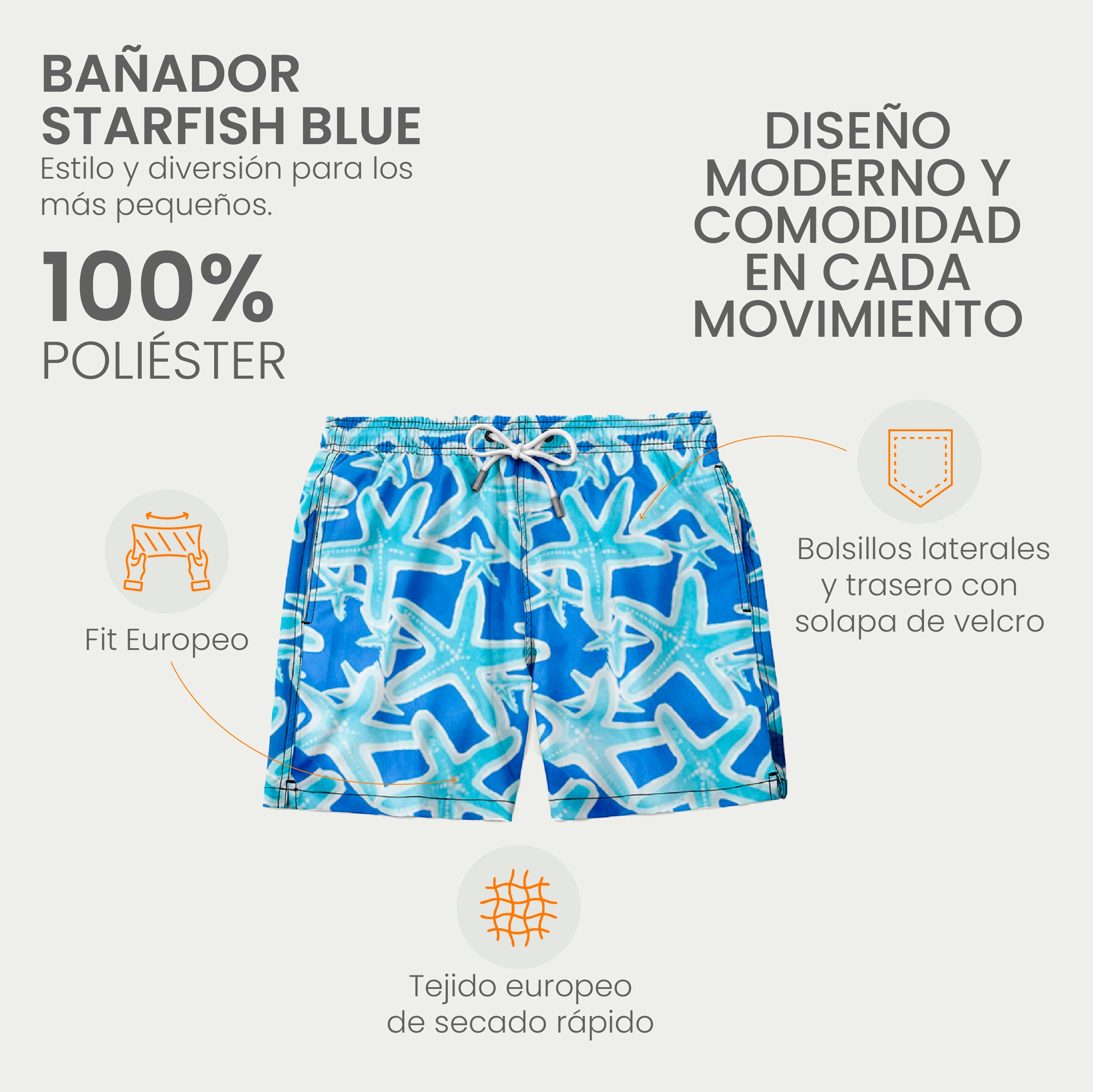 Traje de Baño para Niño Secado Rápido - Bañador Blue Starfish - Essential Collection de 1 a 12 años