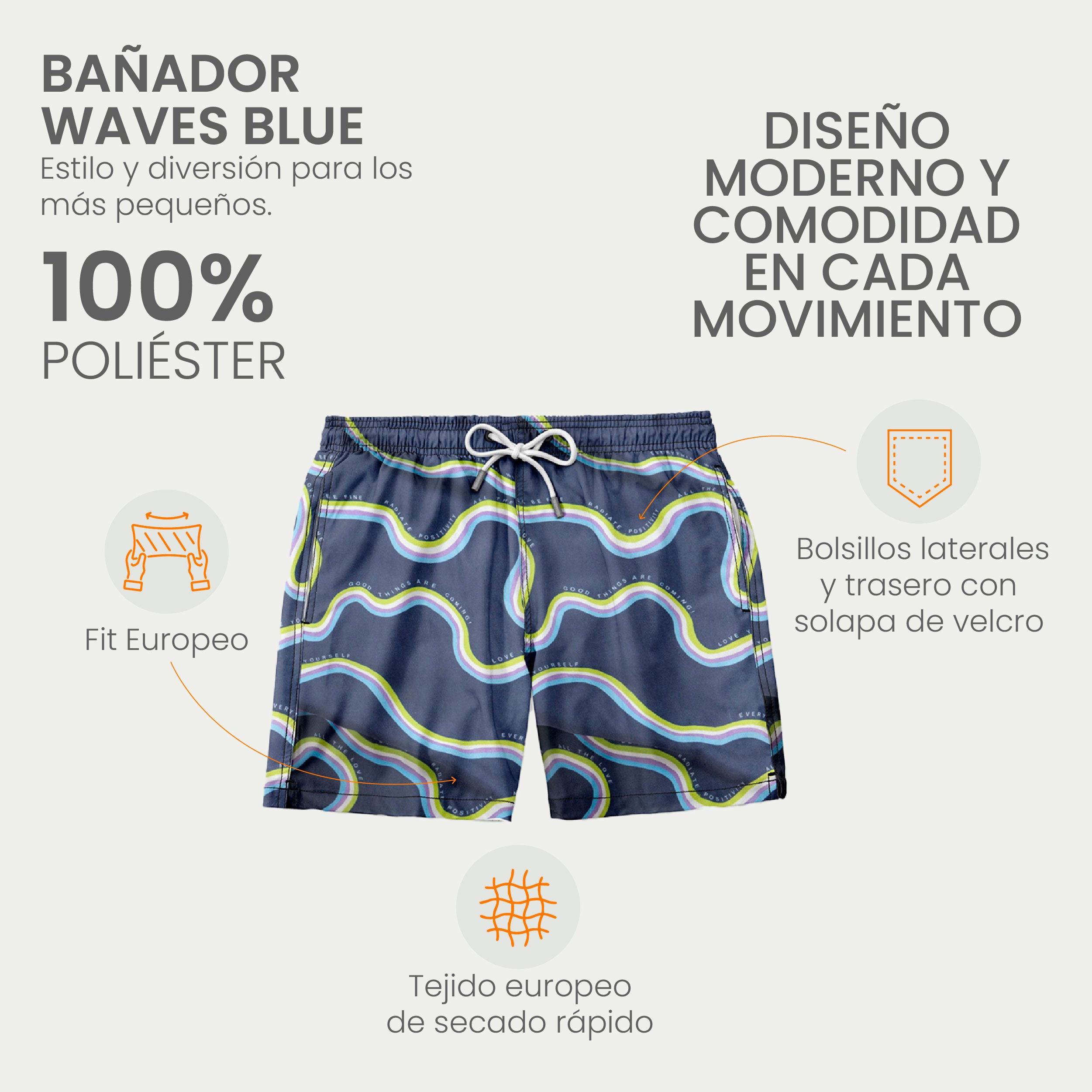 Traje de Baño para Niño Secado Rápido - Bañador Waves Blue - Essential Collection de 1 a 12 años