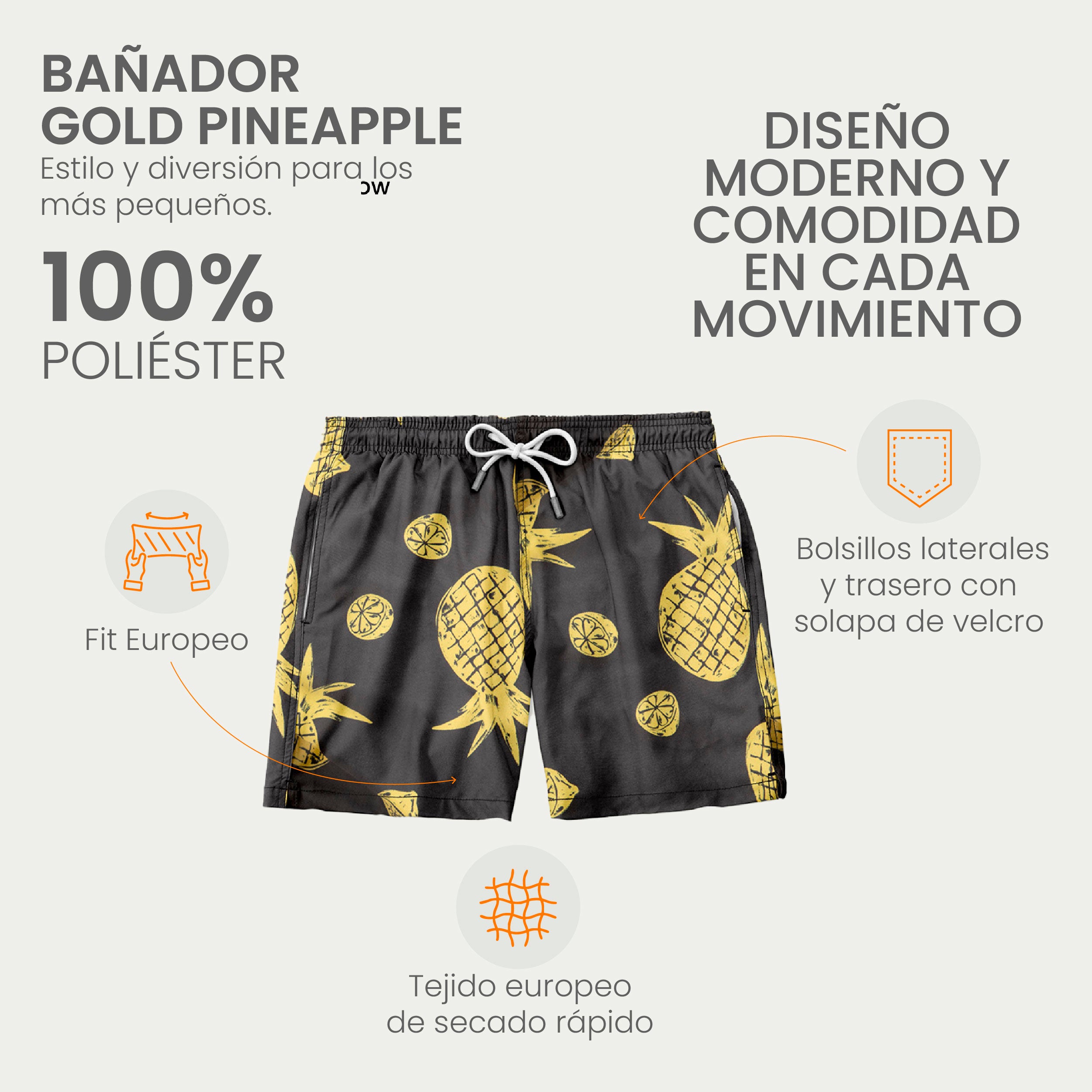 Traje de Baño para Niño Secado Rápido - Bañador Gold Pineapple - Essential Collection de 1 a 12 años