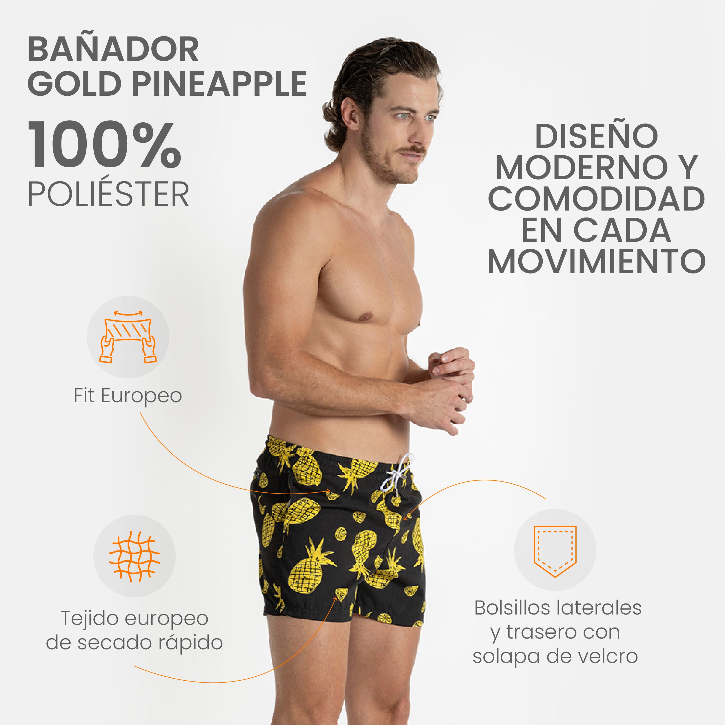 Traje de Baño Hombre - Bañador Gold Pineapple - Essential Collection S – XXL