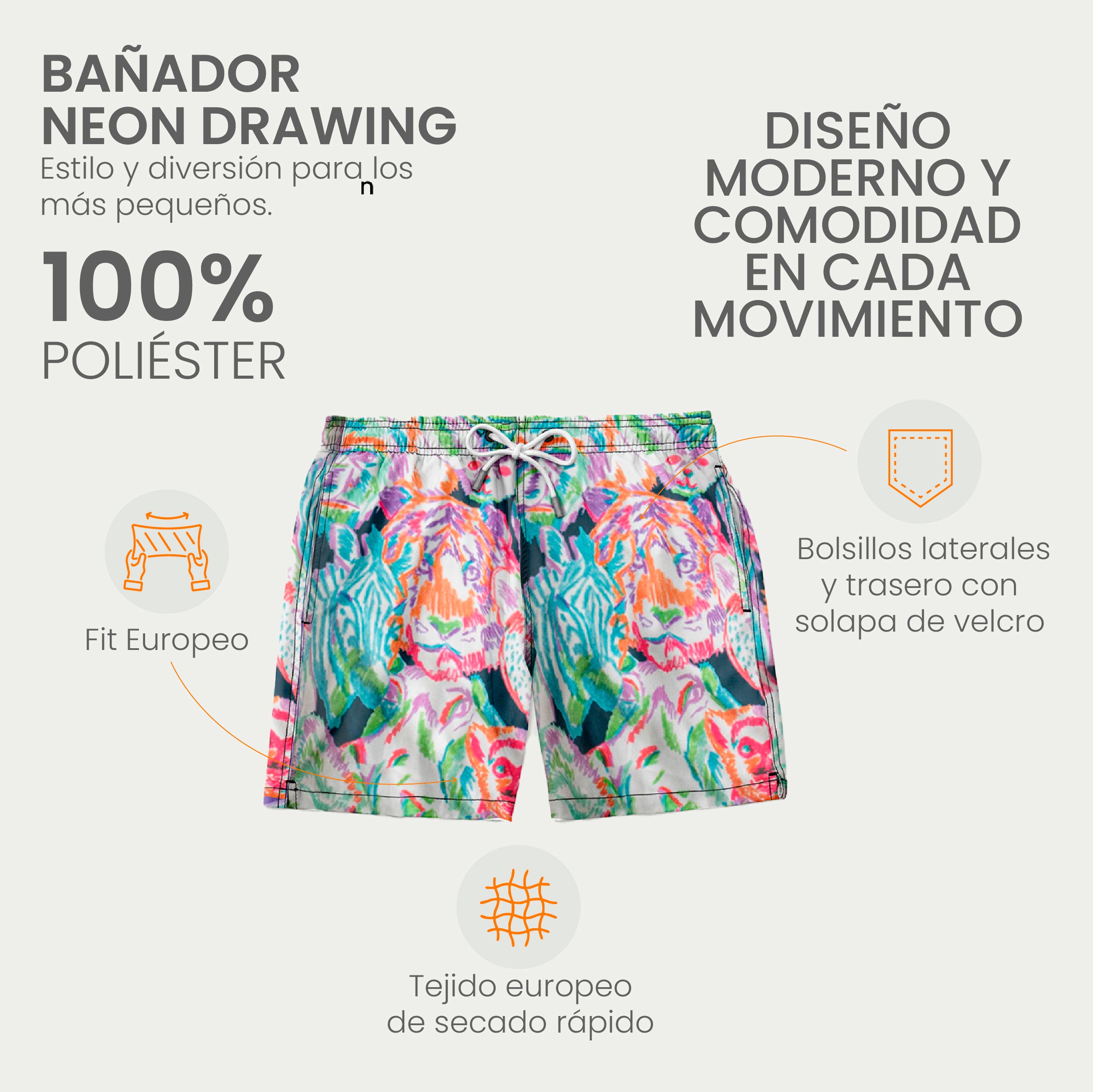 Traje de Baño para Niño Secado Rápido - Bañador Neon Drawing - Essential Collection de 1 a 12 años