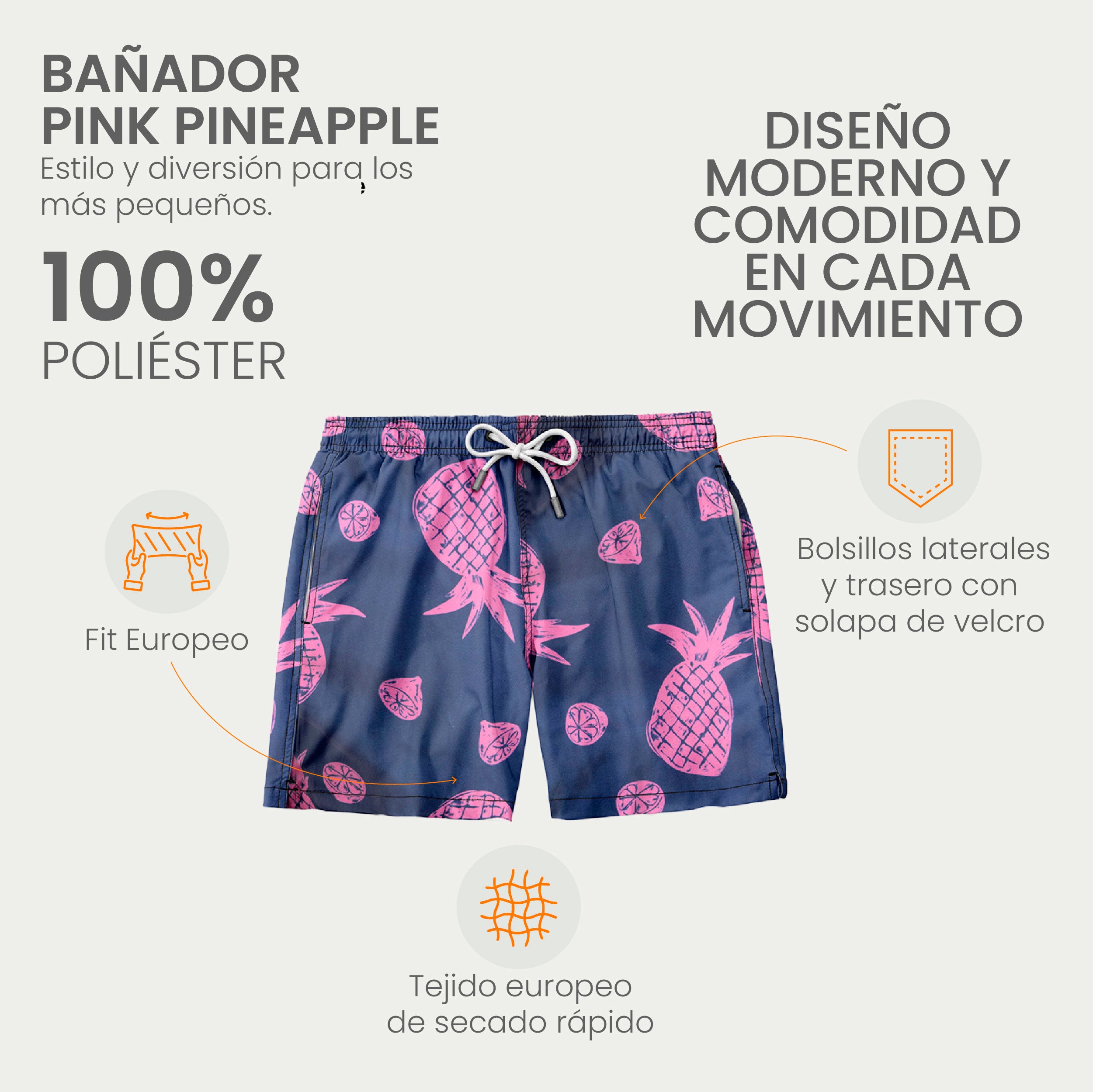 Traje de Baño para Niño Secado Rápido - Bañador Pink Pineapple - Essential Collection de 1 a 12 años