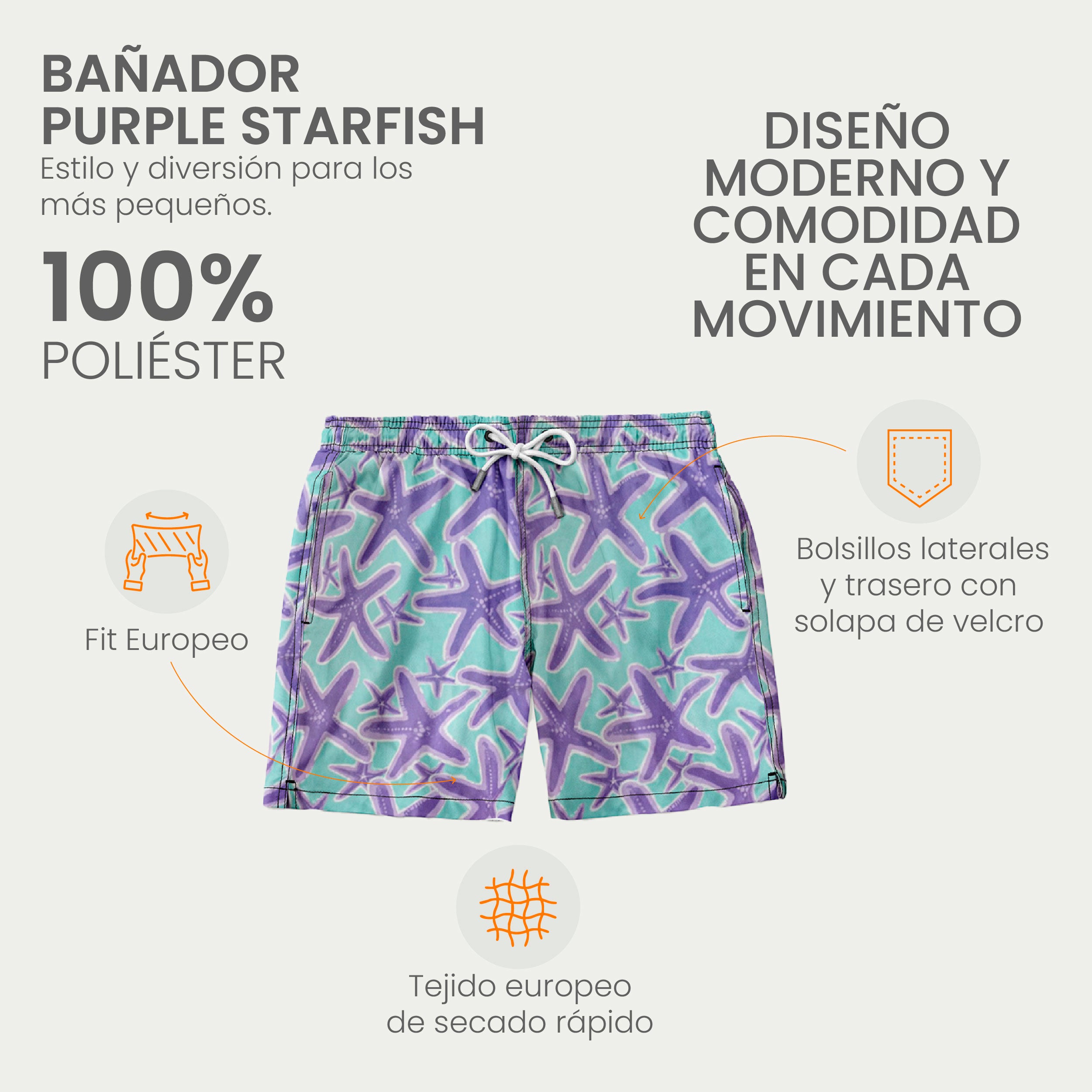 Traje de Baño para Niño Secado Rápido - Bañador Purple Starfish - Essential Collection de 1 a 12 años